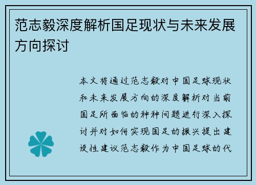 范志毅深度解析国足现状与未来发展方向探讨
