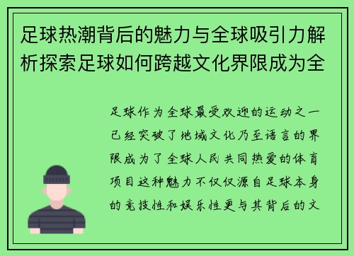 足球热潮背后的魅力与全球吸引力解析探索足球如何跨越文化界限成为全球热爱运动